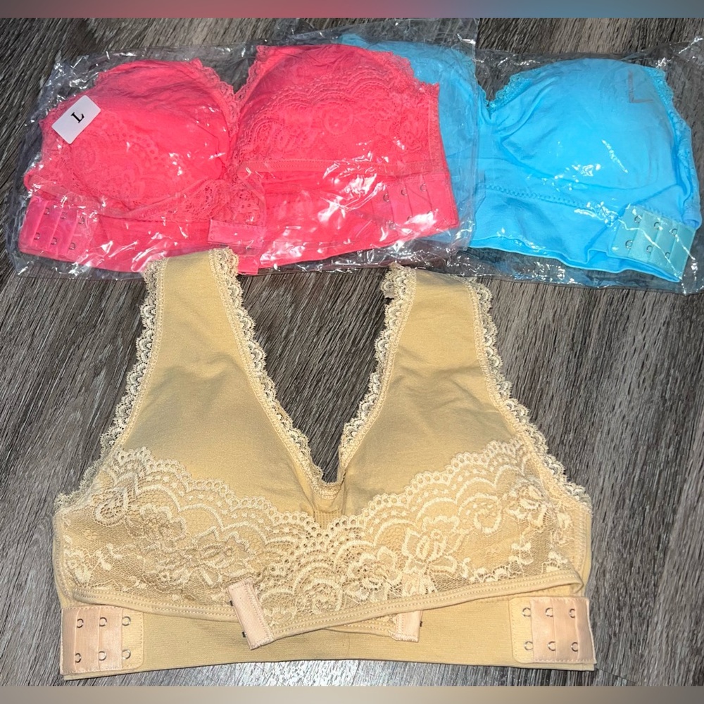 Lace Trim Criss Cross Bralettes in Beige, NWT Blue, and NWT Pink Set Size Large